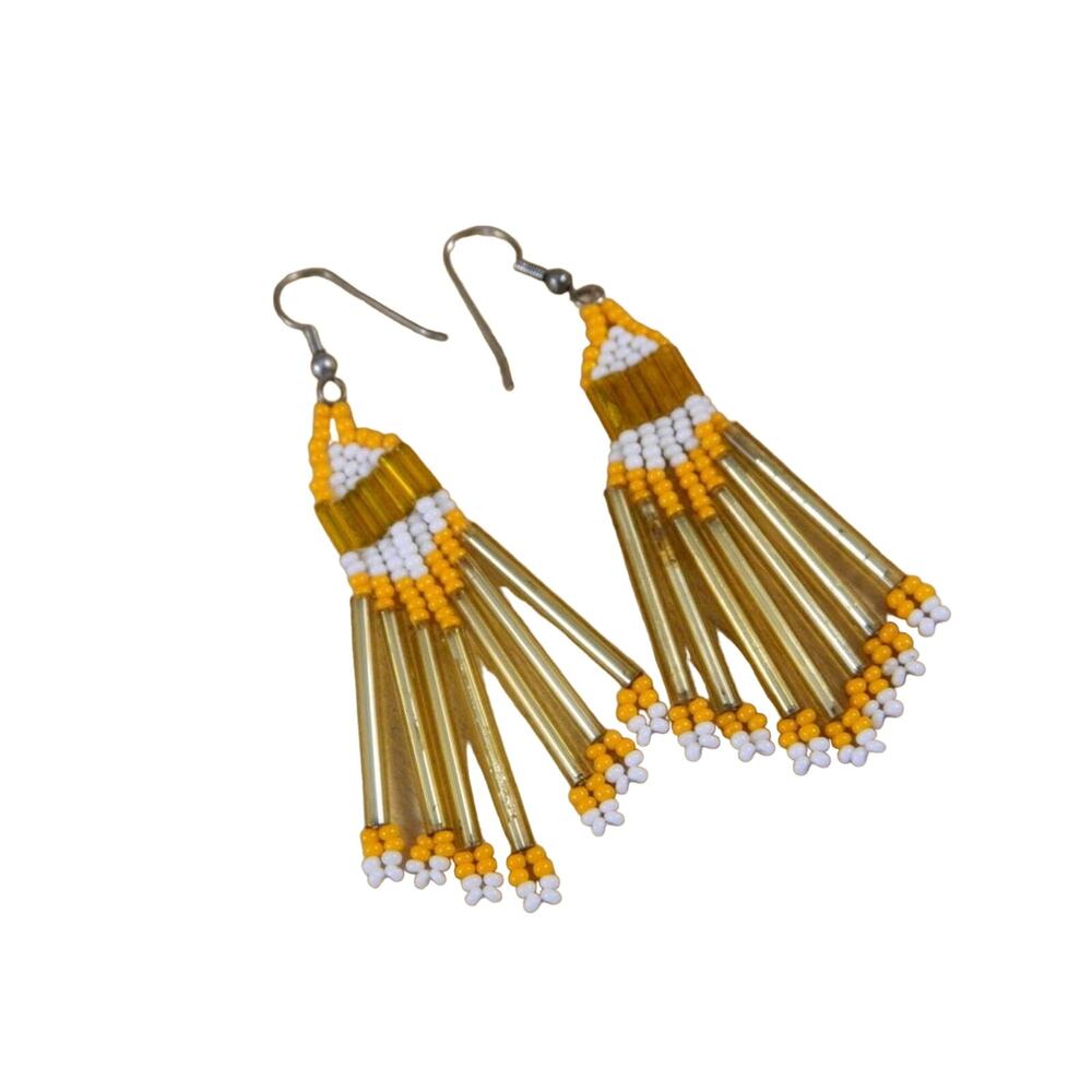 Vintage Beaded Hook Earrings, Orange and White Bead Hook Earrings